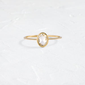 Product photo of Unique Bezel set engagement ring 14k Yellow Gold 0.46ct. Oval Rose-cut diamond Cheval Ring by designer Melanie Casey|14k Yellow Gold