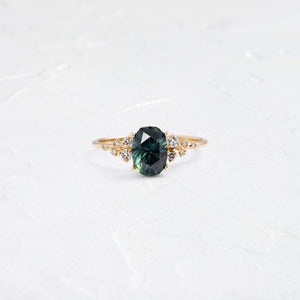 Product photo of One of a Kind 14k Yellow Gold 1.78ct. Oval-cut Greenish-Blue Australian Sapphire Snowdrift Engagement Ring|14k Yellow Gold